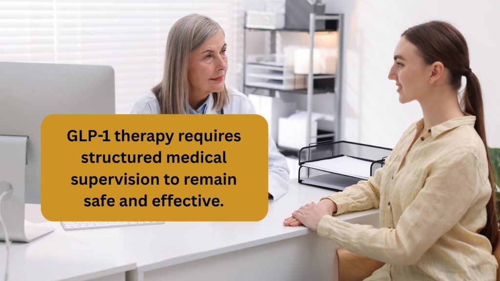 Patient receiving medical supervision from a healthcare provider, emphasizing the importance of structured monitoring for the effectiveness and safety of GLP-1 therapy.