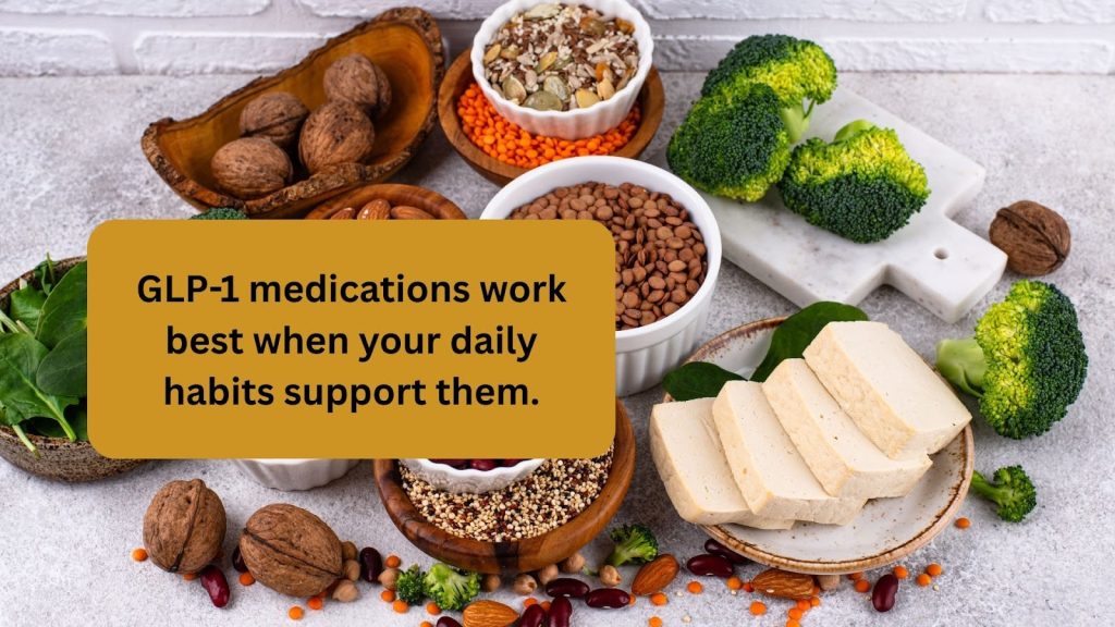 Healthy plant-based foods, including broccoli, tofu, nuts and beans, showing how to support the effectiveness of GLP-1 medications through balanced nutrition.