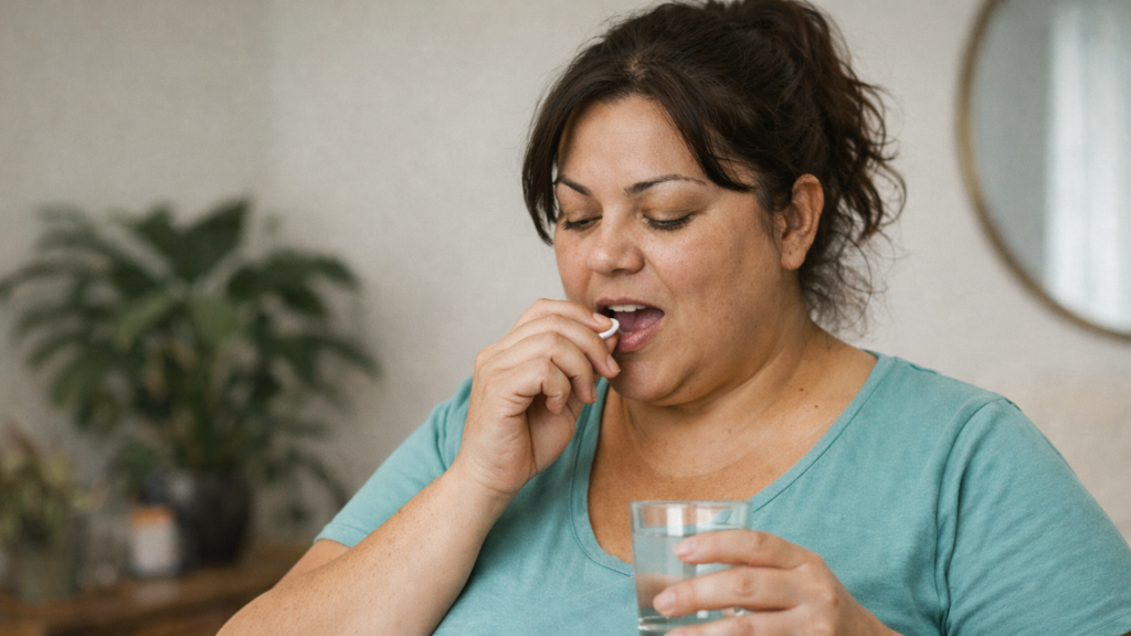 Woman taking a pill with water at home, illustrating use of the Best Weight Loss Medication for effective results