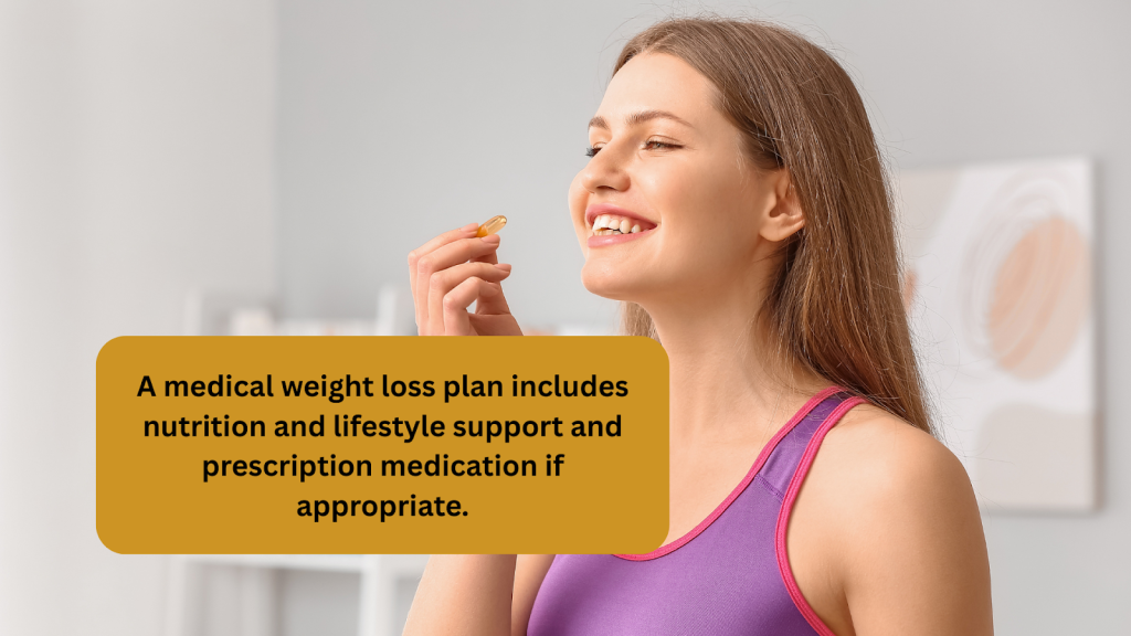 Smiling woman taking a supplement as part of a guided plan, showing how the Best Weight Loss Medication can be combined with nutrition and lifestyle support