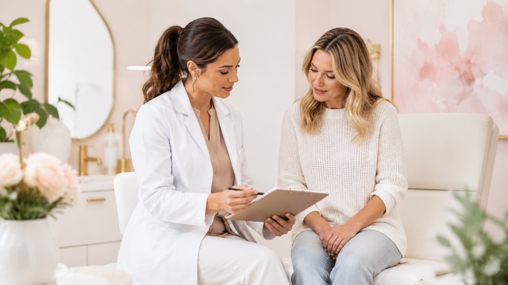 Doctor consulting with a patient in a clinic, reviewing treatment notes on a clipboard